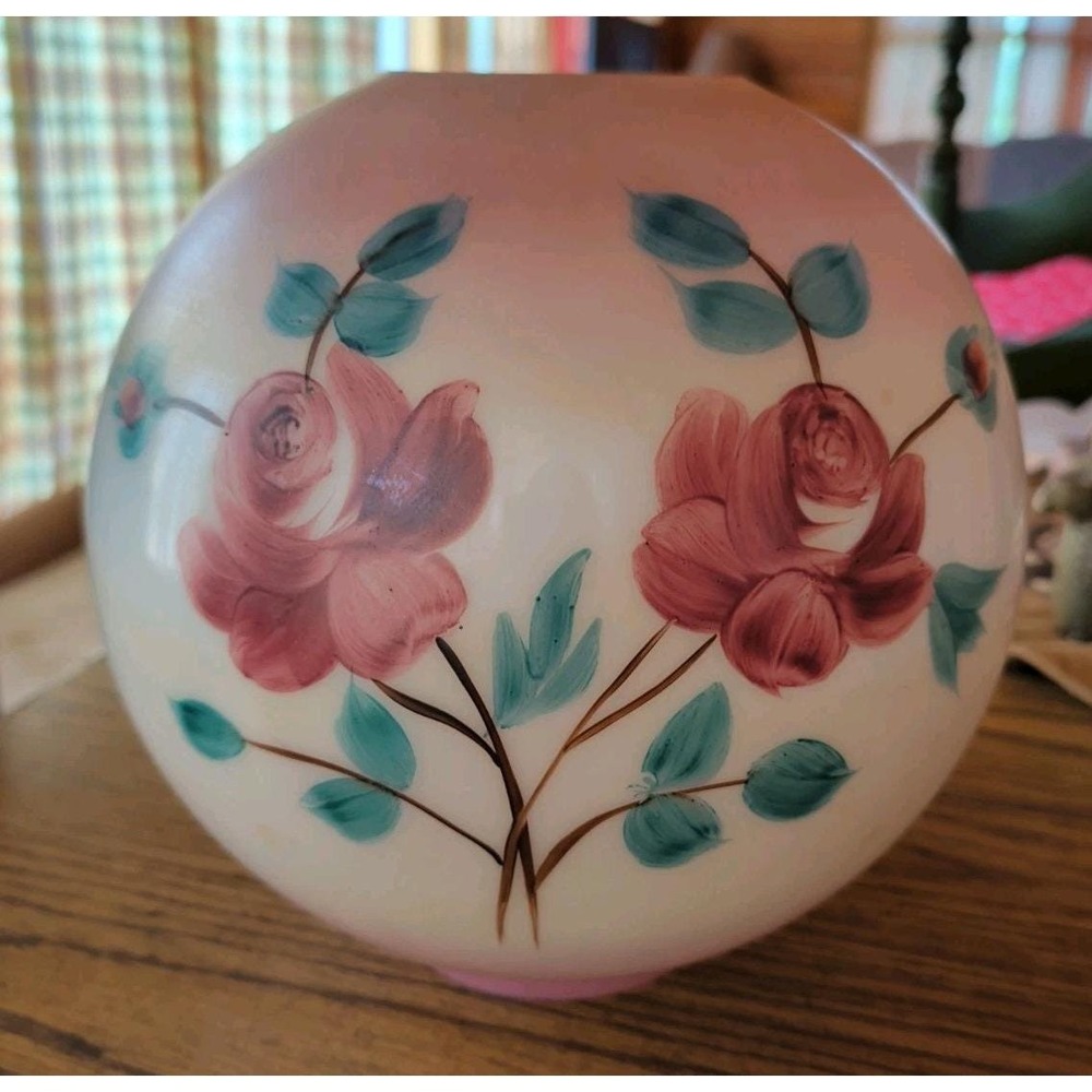 Gorgeous Vintage Antique Hand-Painted Floral Glass Round Hurricane Lamp Shade